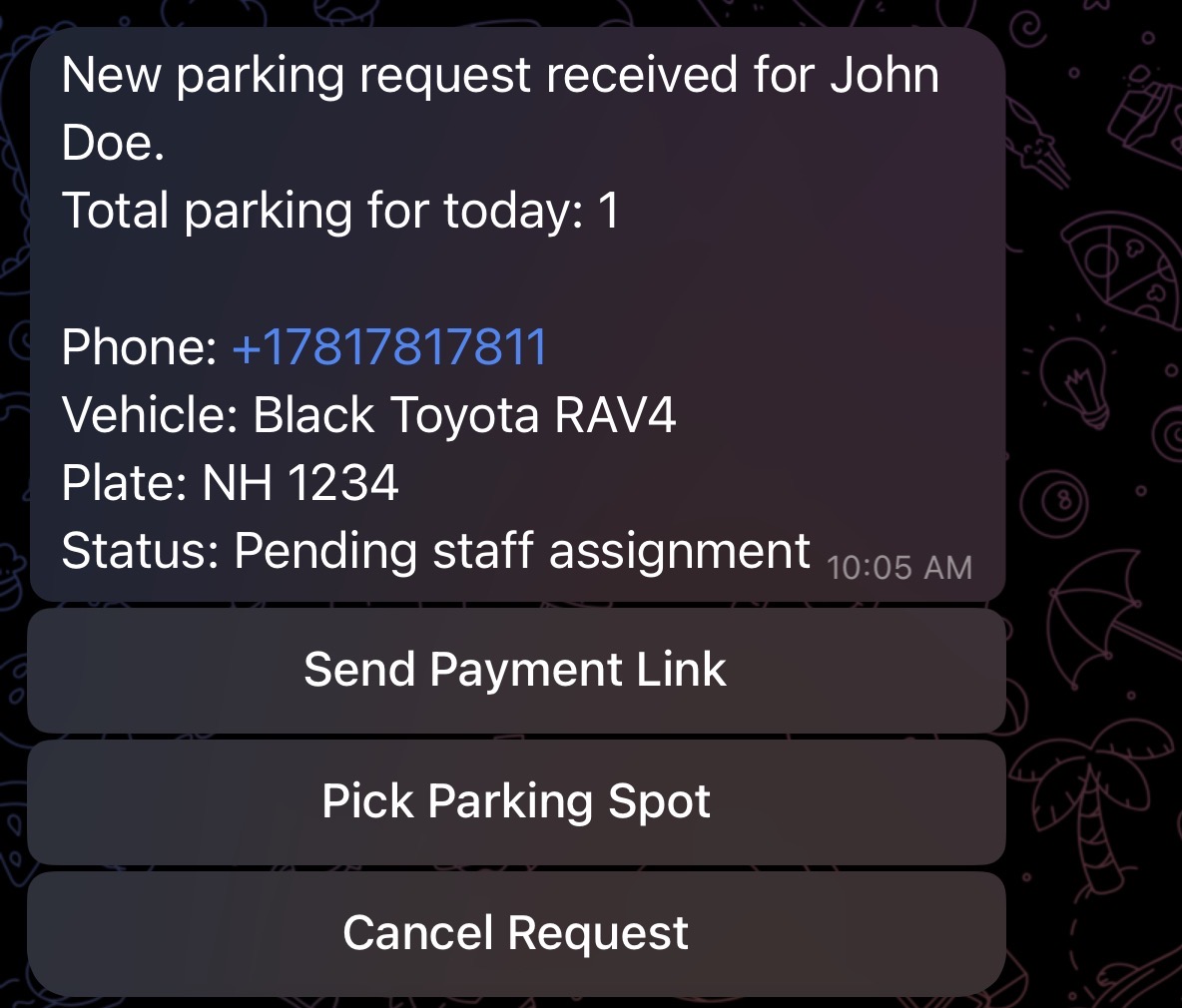 Mobile parking request with payment and spot assignment actions