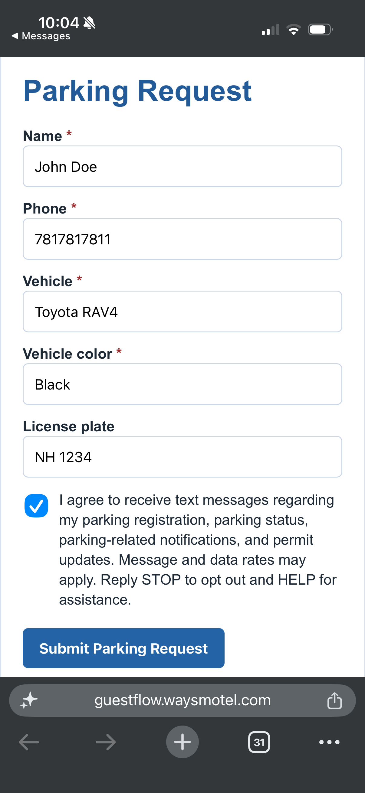Ways Motel mobile parking registration form